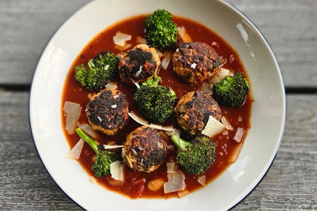Turkey Meatballs in Tomato-Chili Broth with Charred Broccoli & White Beans
